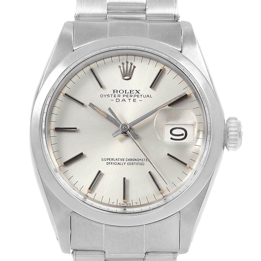 This image shows a front view of the Rolex Vintage Collection 1500 Men's Stainless Steel Silver Dial 1500 Men's Stainless Steel Silver Dial Oyster Perpetual Date watch, highlighting its dial and bracelet.