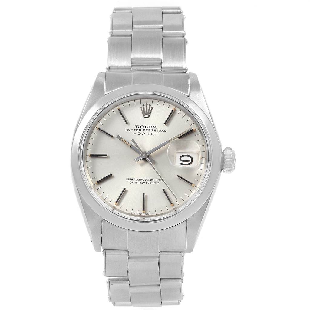 The image shows a front view of the Rolex Vintage Collection 1500 Men's Stainless Steel Silver Dial 1500 Men's Stainless Steel Silver Dial Oyster Perpetual Date watch.