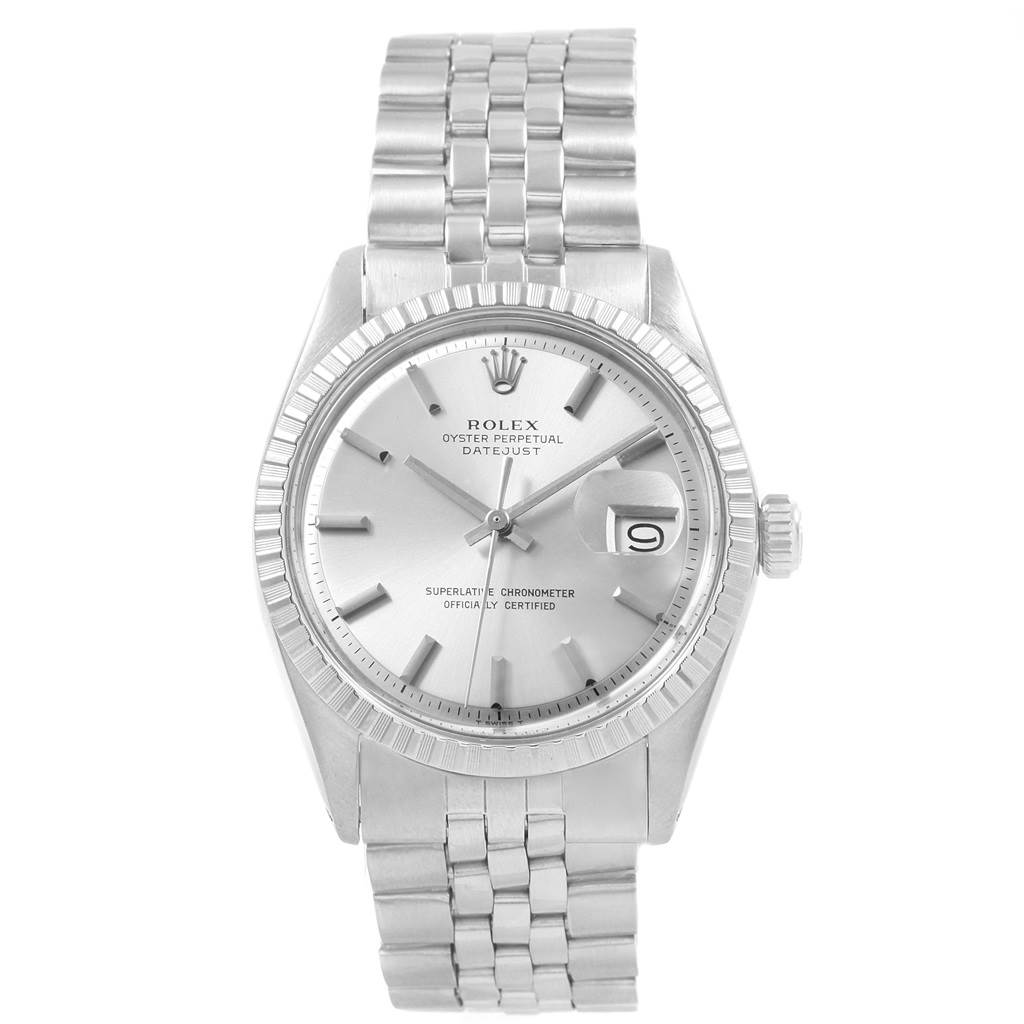 This image shows a frontal view of the Rolex Vintage Collection 1603 Men's Stainless Steel Silver Dial 1603 Men's Stainless Steel Silver Dial Oyster Perpetual Datejust watch, displaying the dial and bracelet.