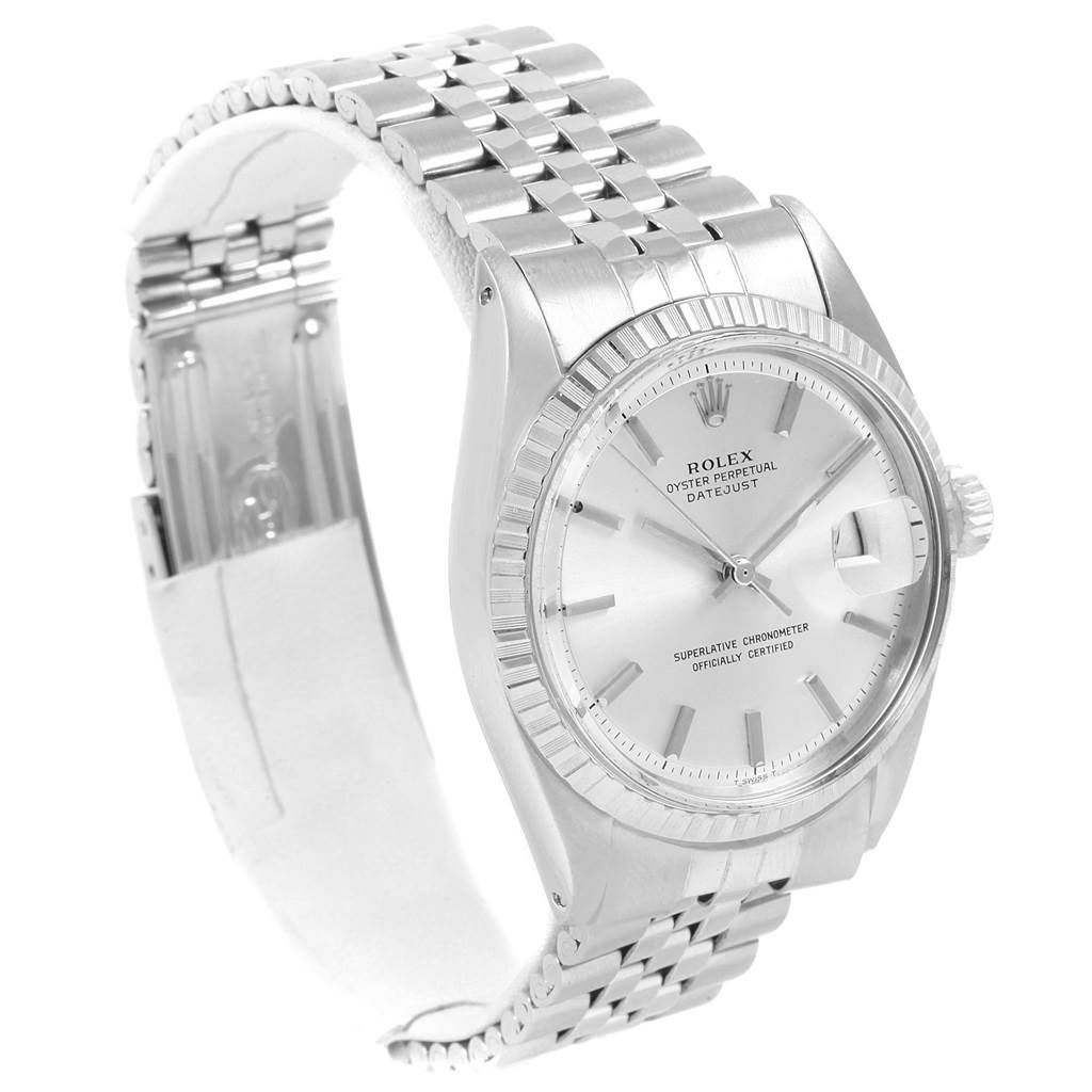 The watch is a Rolex Vintage Collection 1603 Men's Stainless Steel Silver Dial 1603 Men's Stainless Steel Silver Dial model, shown at a three-quarter angle displaying the dial, bezel, and bracelet.