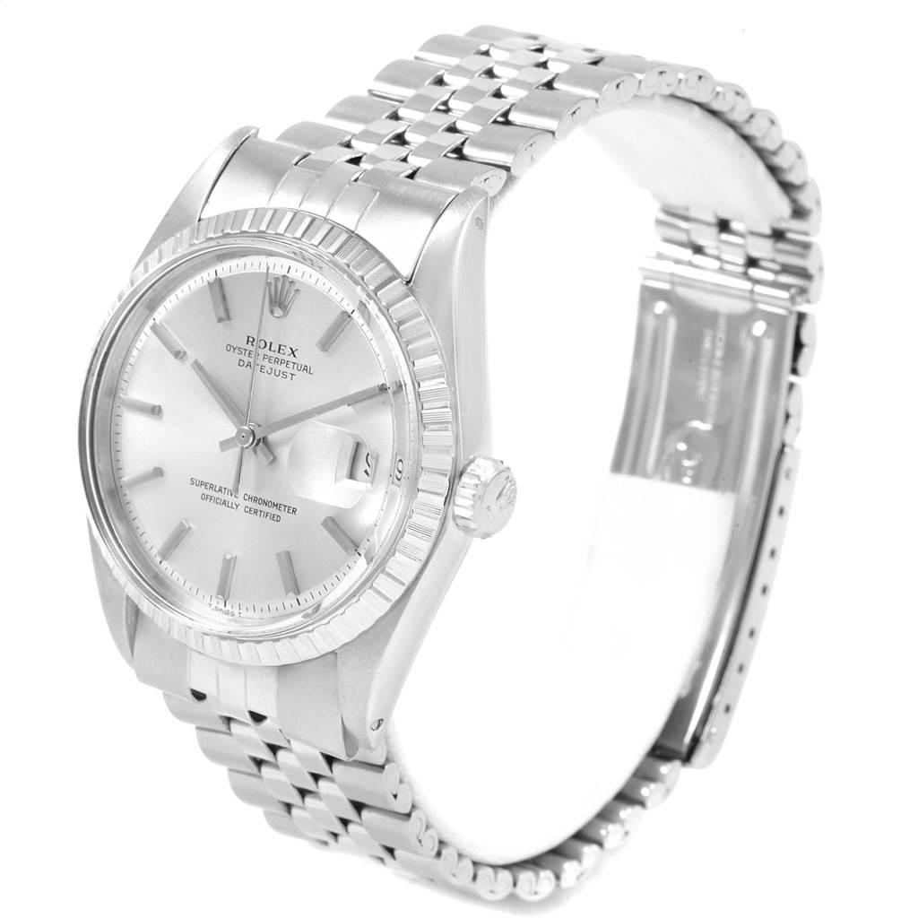 The Rolex Vintage Collection 1603 Men's Stainless Steel Silver Dial 1603 Men's Stainless Steel Silver Dial model is shown at an angle revealing the face, crown, bezel, and stainless steel bracelet.