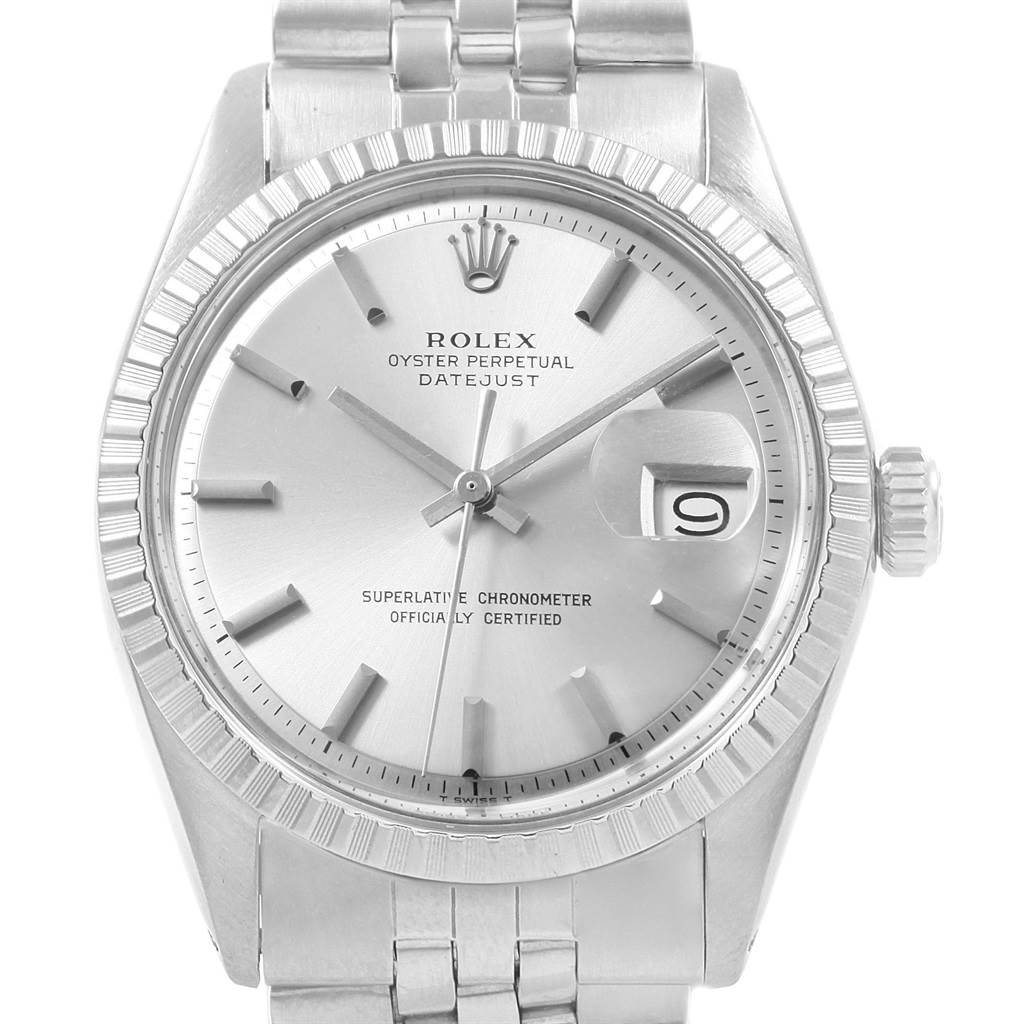 This image shows a front view of the Rolex Vintage Collection 1603 Men's Stainless Steel Silver Dial 1603 Men's Stainless Steel Silver Dial Oyster Perpetual Datejust watch, highlighting its dial, bezel, and bracelet.