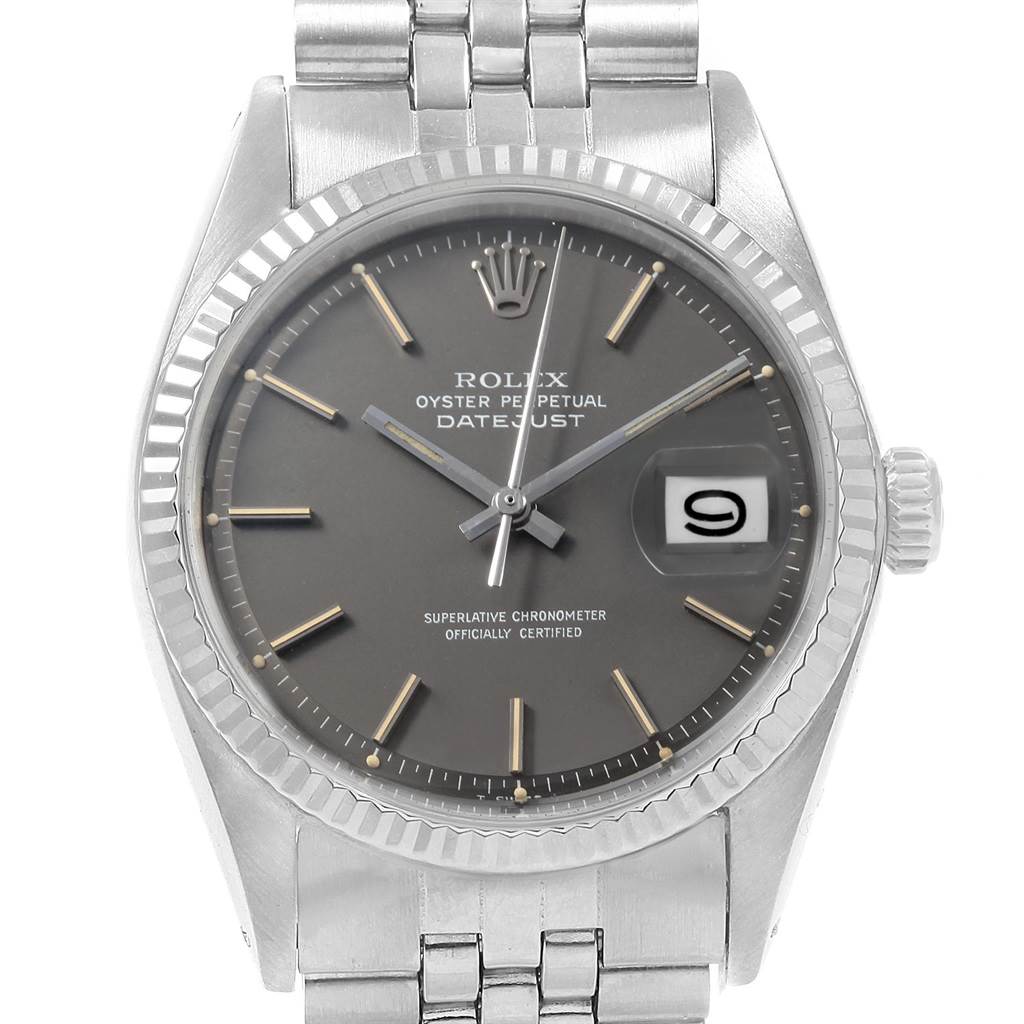 The Rolex Vintage Collection 1601 Men's Stainless Steel Grey Dial 1601 Men's Stainless Steel Grey Dial model is shown from a front angle, displaying the dial, hands, date window, and bracelet.