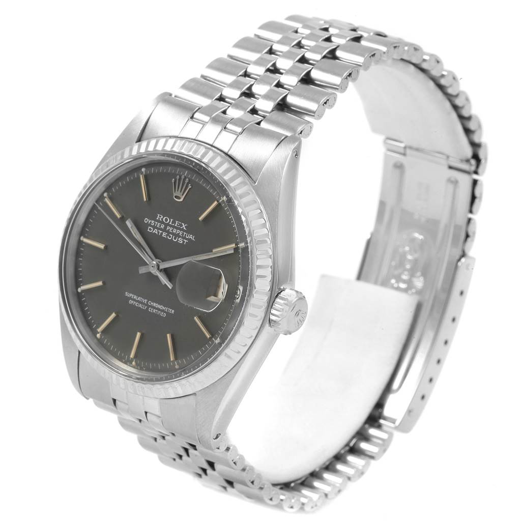 The image shows a side angle of the Rolex Vintage Collection 1601 Men's Stainless Steel Grey Dial 1601 Men's Stainless Steel Grey Dial Oyster Perpetual Datejust, highlighting the dial, case, and bracelet.