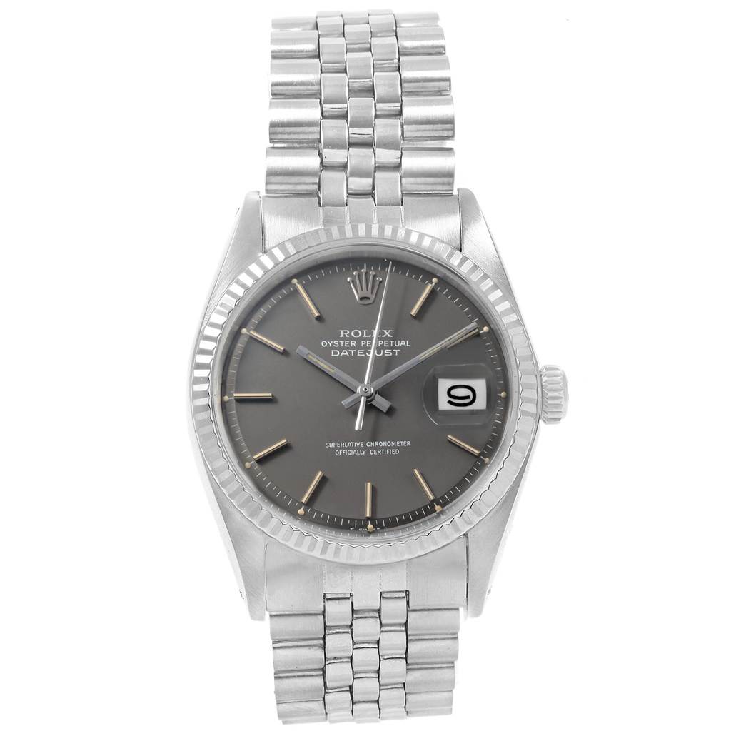 The Rolex Vintage Collection 1601 Men's Stainless Steel Grey Dial 1601 Men's Stainless Steel Grey Dial watch is shown from a top-down angle, displaying its face, bracelet, and crown.