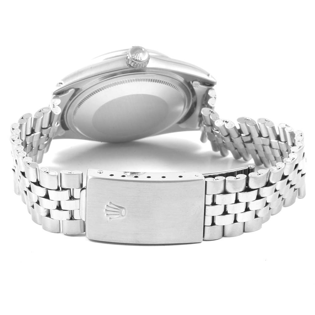 The image shows the back view of the Rolex Vintage Collection 1601 Men's Stainless Steel Grey Dial 1601 Men's Stainless Steel Grey Dial watch, including the case back and the metal bracelet with the clasp.