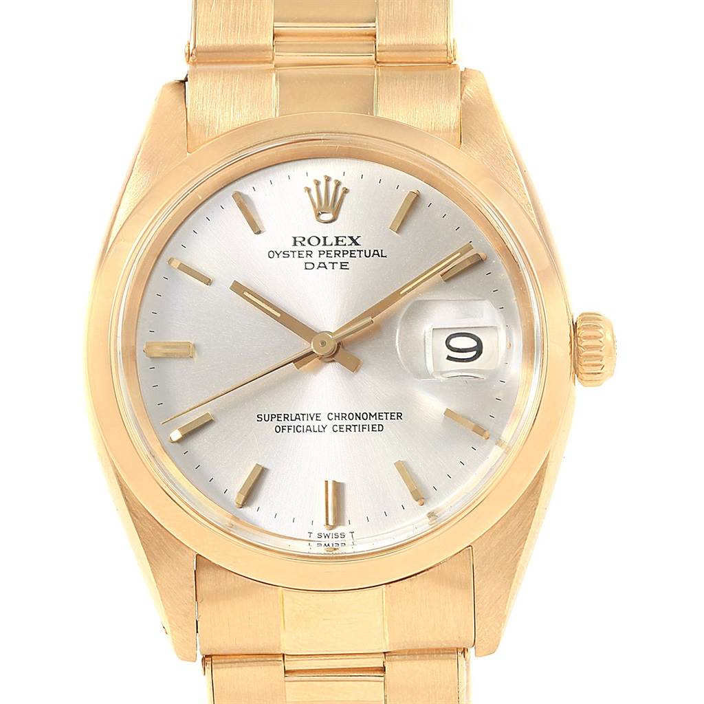 This image shows the dial, bezel, and part of the bracelet of the Rolex Vintage Collection 1500 Men's Yellow Gold Silver Dial 1500 Men's Yellow Gold Silver Dial model, viewed from the front.