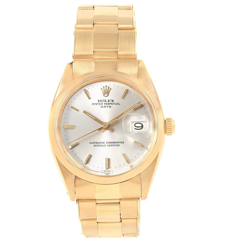 The Rolex Vintage Collection 1500 Men's Yellow Gold Silver Dial 1500 Men's Yellow Gold Silver Dial watch is shown from the front, displaying its face, bezel, case, and bracelet.