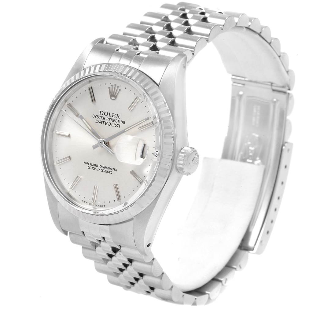 The Rolex Vintage Collection 16014 Men's Stainless Steel Silver Dial 16014 Men's Stainless Steel Silver Dial watch is shown from a front-side angle, highlighting the face, bezel, and band.