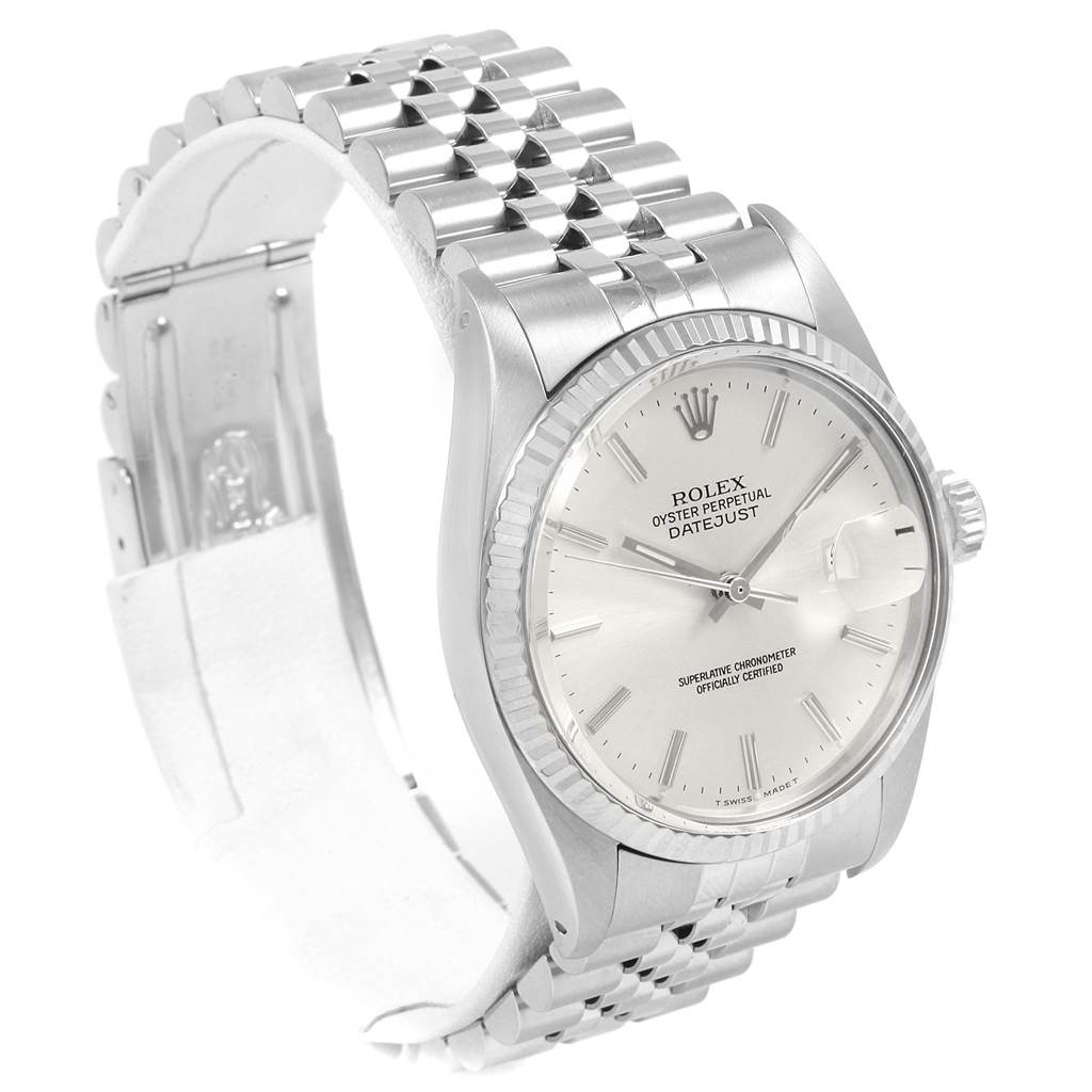 The image shows a Rolex Vintage Collection 16014 Men's Stainless Steel Silver Dial 16014 Men's Stainless Steel Silver Dial Datejust watch from a front angle, highlighting the face, bezel, and bracelet.