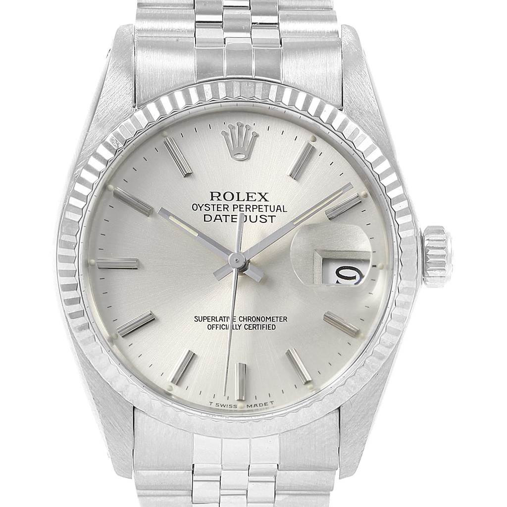The image shows a front view of a Rolex Vintage Collection 16014 Men's Stainless Steel Silver Dial 16014 Men's Stainless Steel Silver Dial model watch, displaying the dial, bezel, crown, and bracelet.