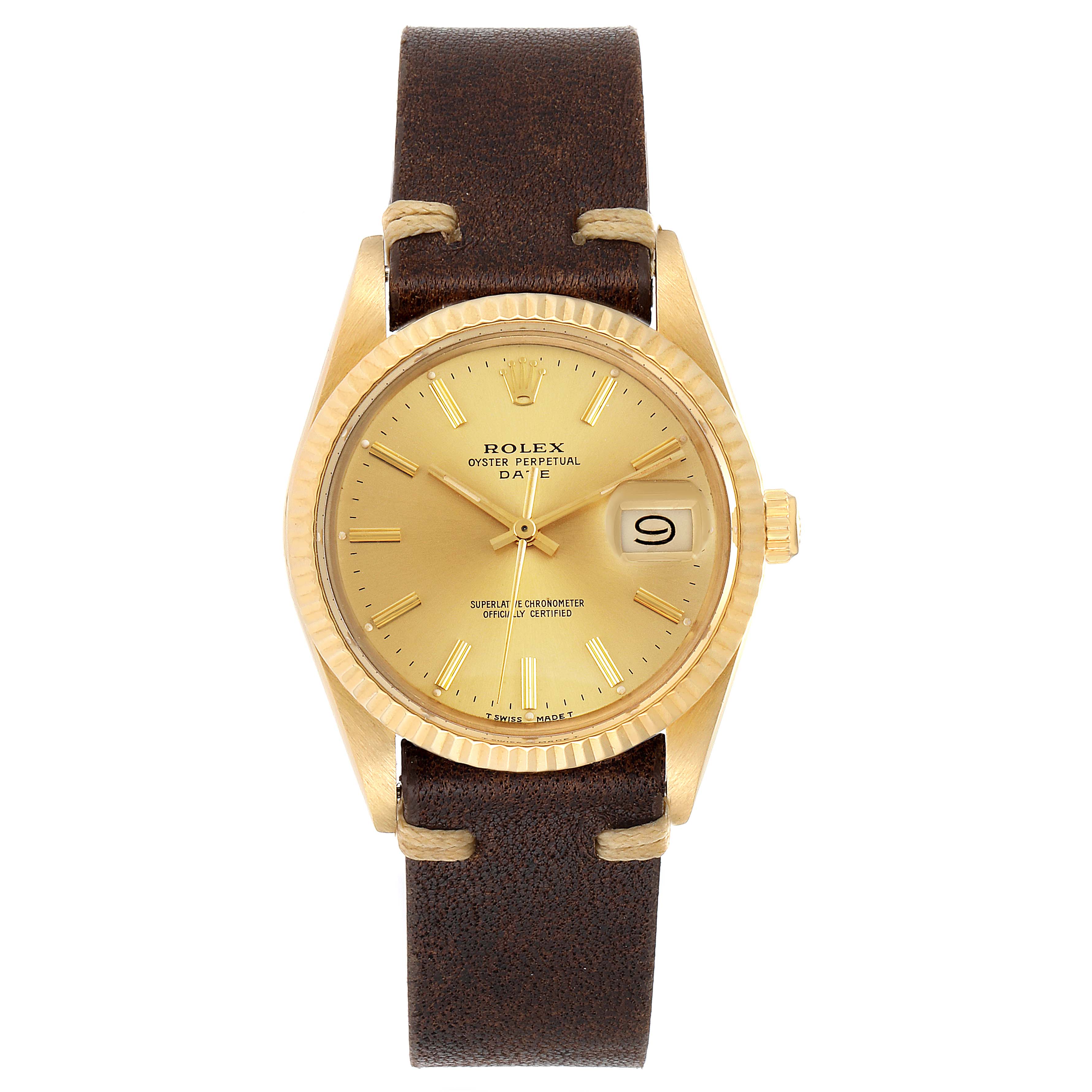 The image shows a front view of a Rolex Vintage Collection 15037 Men
s Yellow Gold Champagne Dial 15037 Men
s Yellow Gold Champagne Dial model, displaying the face, case, crown, and leather strap.