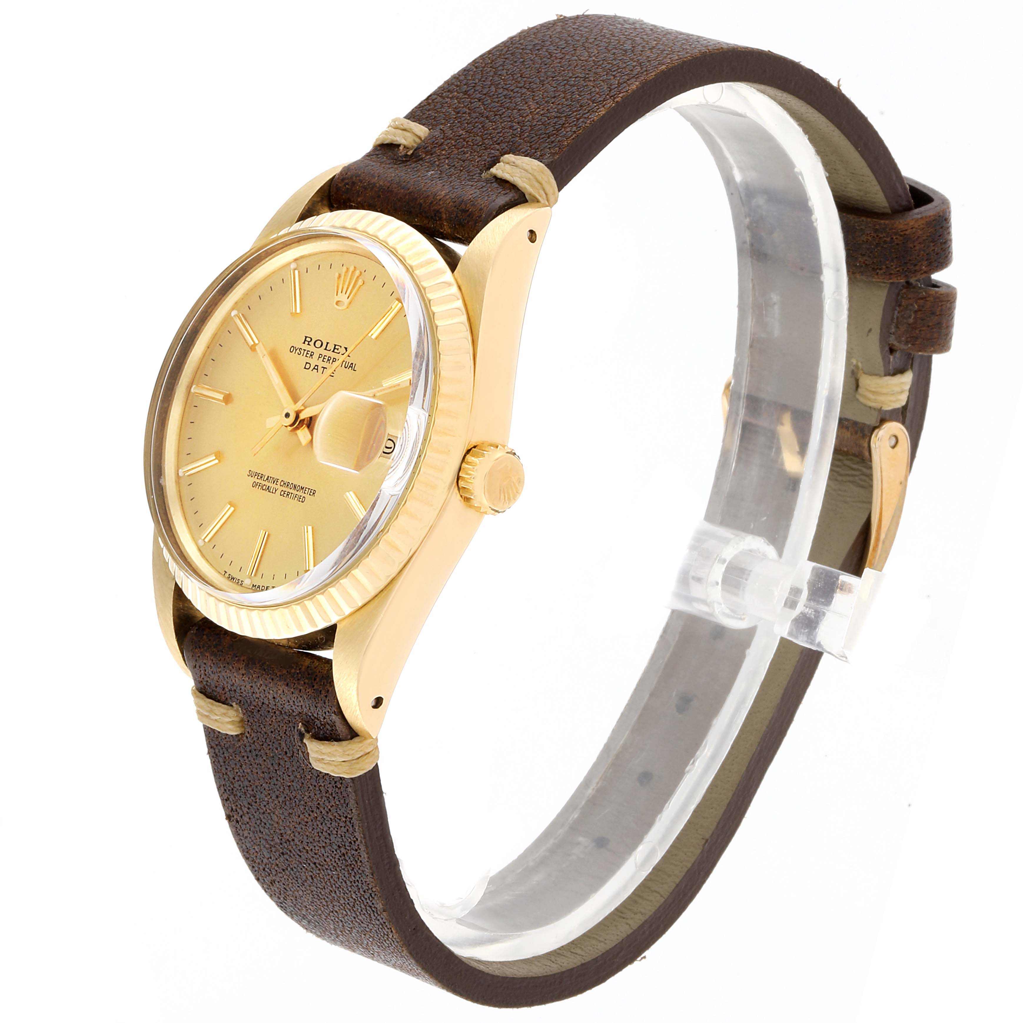 The Rolex Vintage Collection 15037 Men
s Yellow Gold Champagne Dial 15037 Men
s Yellow Gold Champagne Dial watch is shown from a three-quarter angle, highlighting the face, bezel, case, crown, and leather strap.