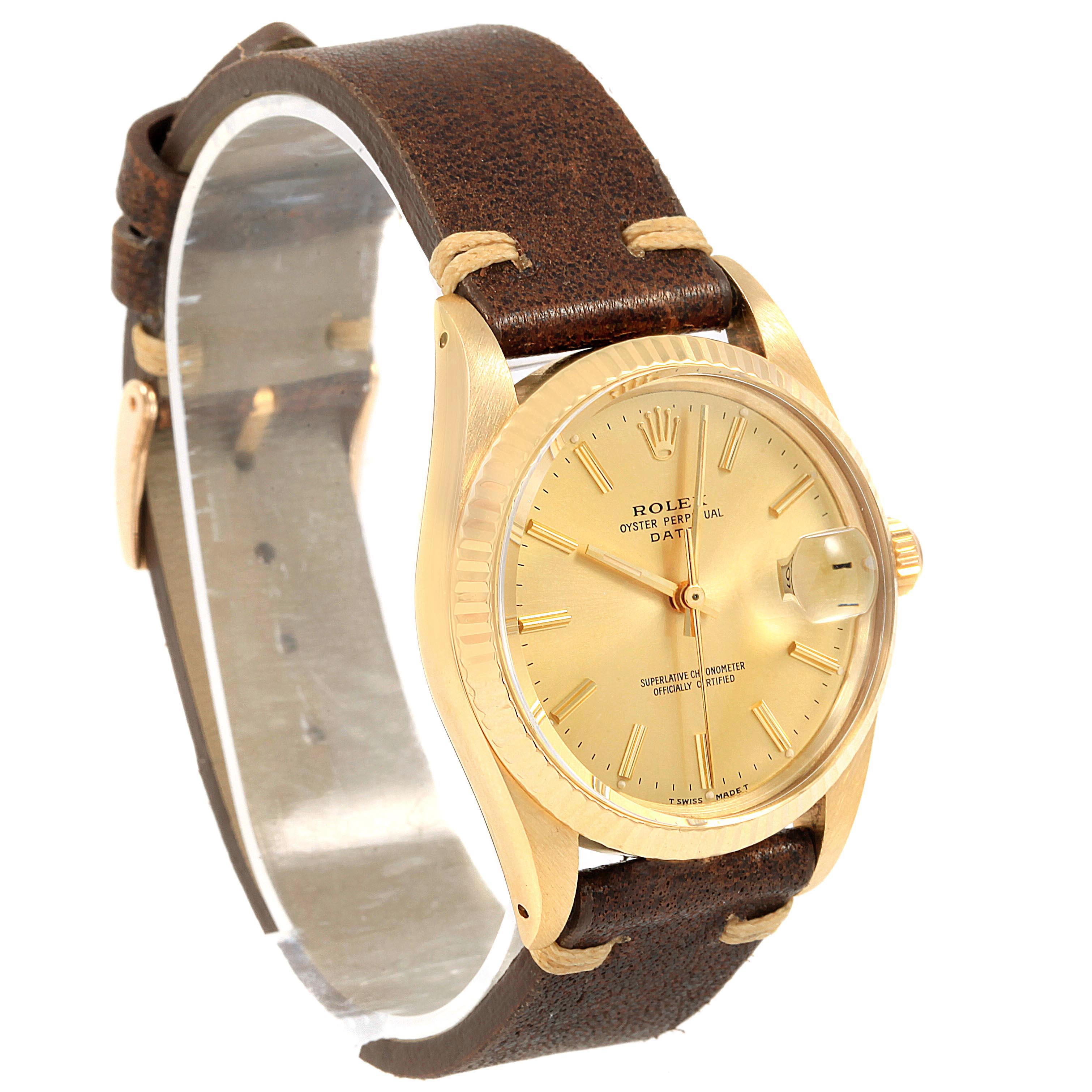 The image shows a Vintage Collection Rolex watch from a three-quarter angle, highlighting its gold dial, leather strap, and fluted bezel.