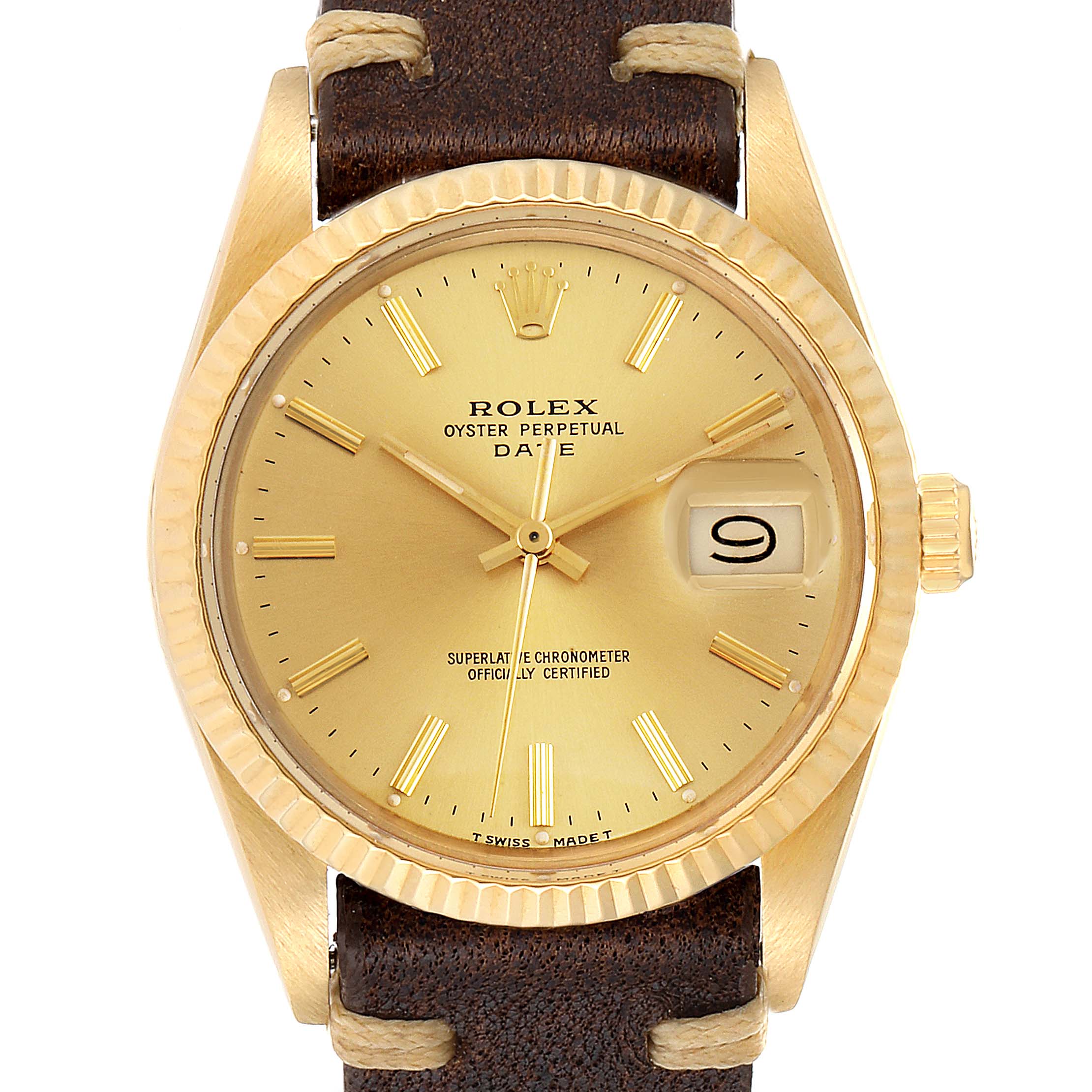 The image shows a frontal view of a gold Rolex Vintage Collection 15037 Men
s Yellow Gold Champagne Dial 15037 Men
s Yellow Gold Champagne Dial model watch with a brown leather strap.