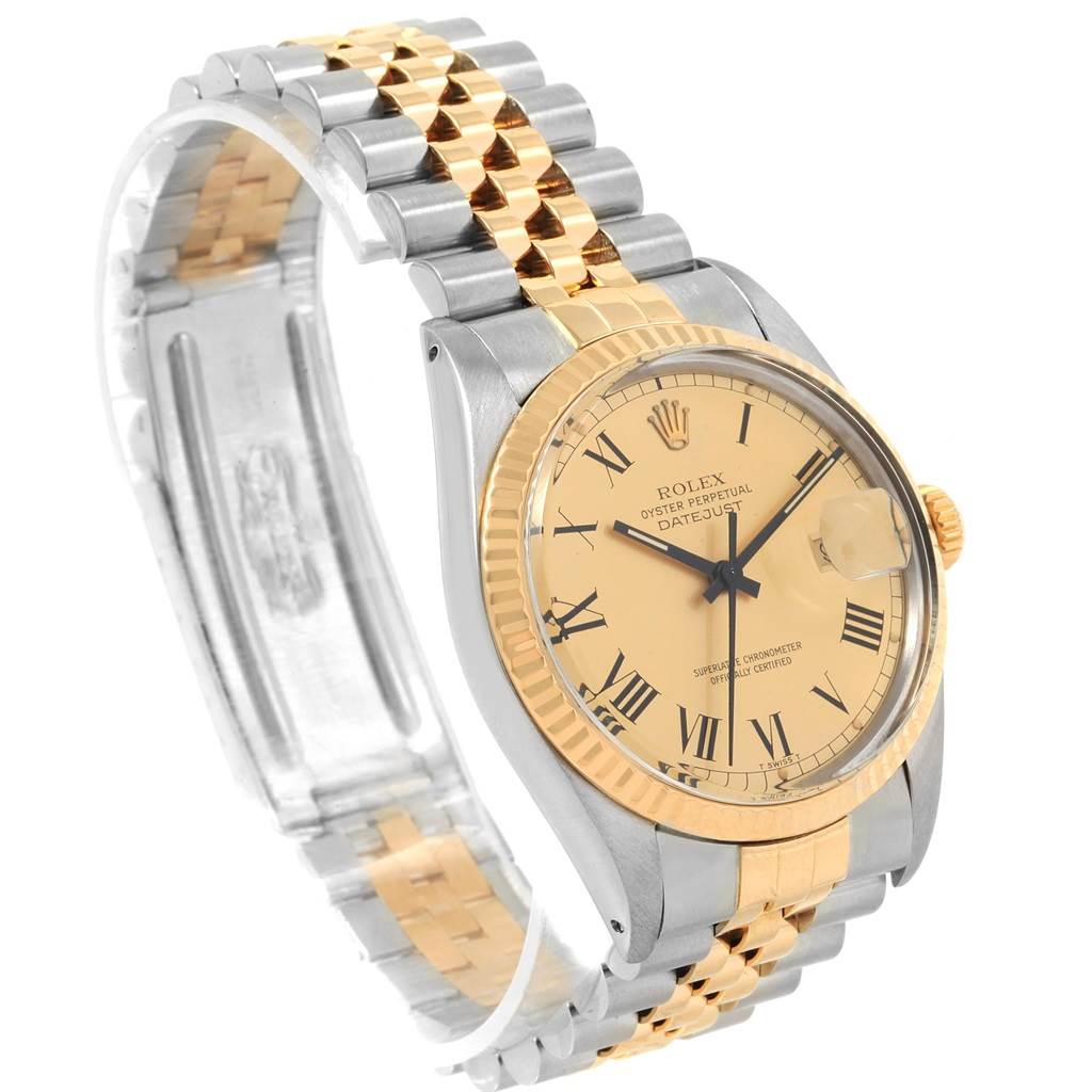 The image shows a side angle of the Rolex Vintage Collection 16013 Men
s Stainless Steel Champagne Dial 16013 Men
s Stainless Steel Champagne Dial model with a two-tone bracelet and beige dial.