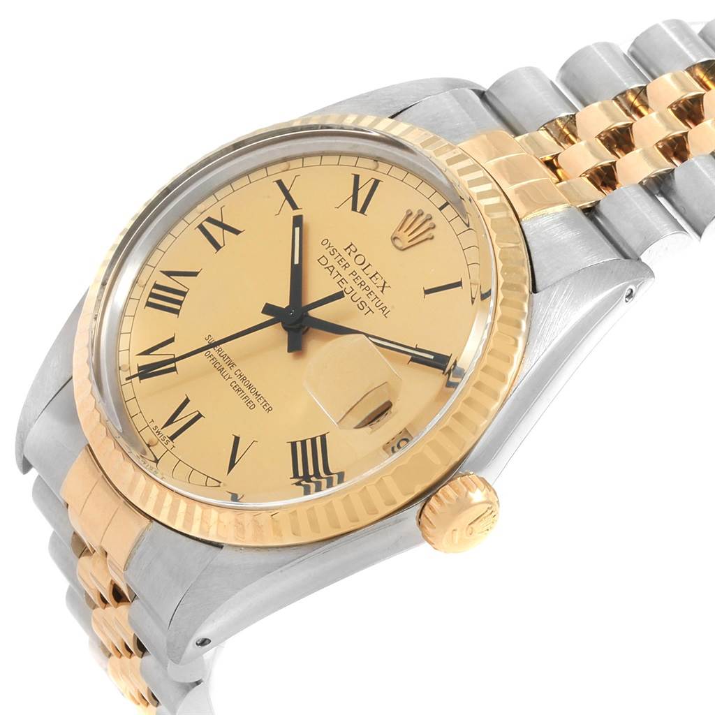 The image shows a close-up angled view of the Rolex Vintage Collection 16013 Men
s Stainless Steel Champagne Dial 16013 Men
s Stainless Steel Champagne Dial Datejust model, highlighting its dial, bezel, and bracelet.