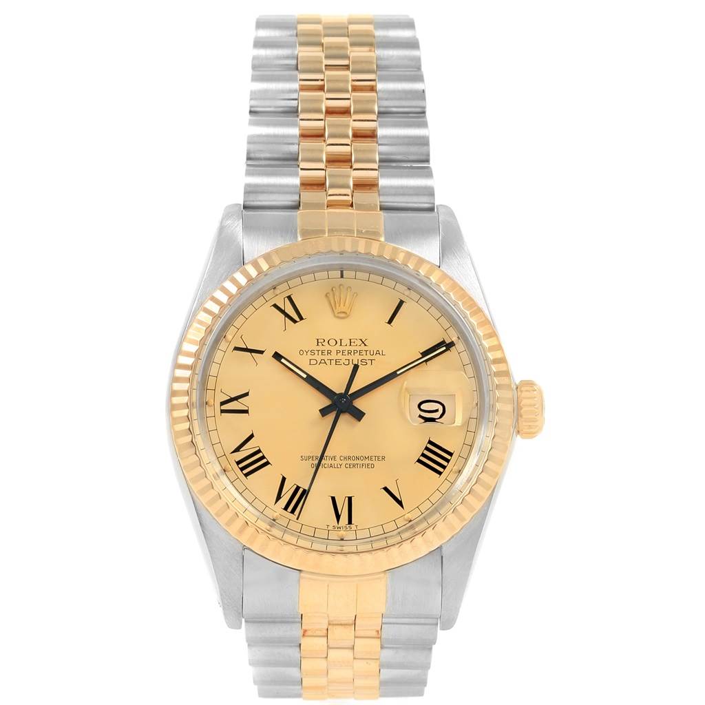 The image shows a front view of the Rolex Vintage Collection 16013 Men
s Stainless Steel Champagne Dial 16013 Men
s Stainless Steel Champagne Dial Oyster Perpetual Datejust, featuring the dial, bezel, and bracelet.