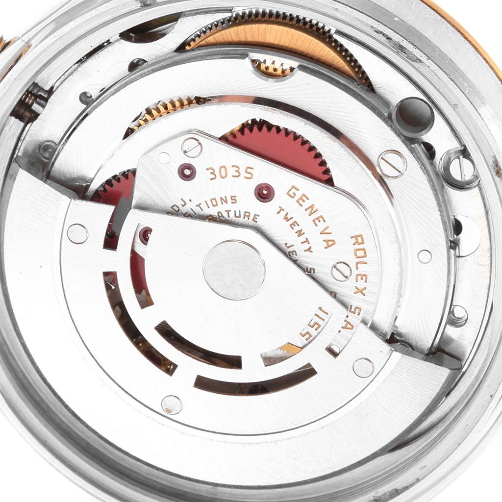 The image shows the internal movement mechanism of a Rolex Vintage Collection 16013 Men
s Stainless Steel Champagne Dial 16013 Men
s Stainless Steel Champagne Dial watch, viewed from the back angle.
