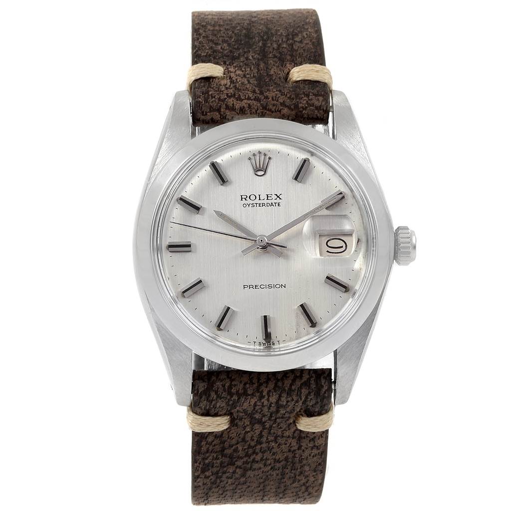This image shows a front view of the Rolex Vintage Collection 6694 Men's Stainless Steel Silver Dial 6694 Men's Stainless Steel Silver Dial model watch with a brown leather strap.