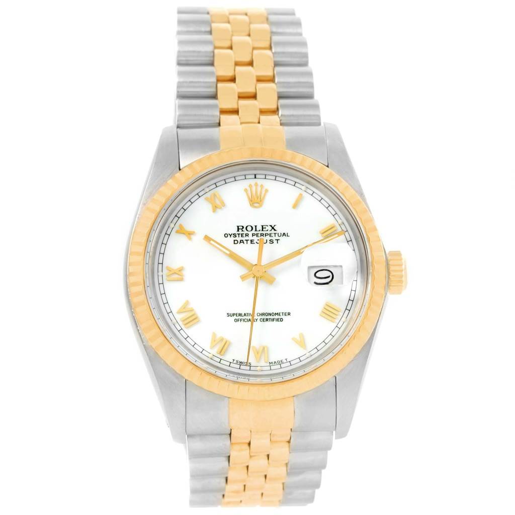 The image shows a front view of the Rolex Vintage Collection 16013 Men's Stainless Steel White Dial 16013 Men's Stainless Steel White Dial watch with a two-tone bracelet and a date display.