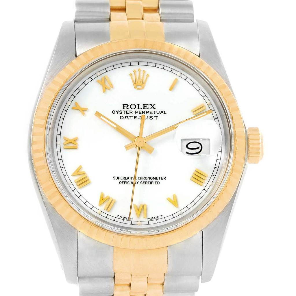 The image shows a frontal view of the Rolex Vintage Collection 16013 Men's Stainless Steel White Dial 16013 Men's Stainless Steel White Dial Oyster Perpetual Datejust watch.
