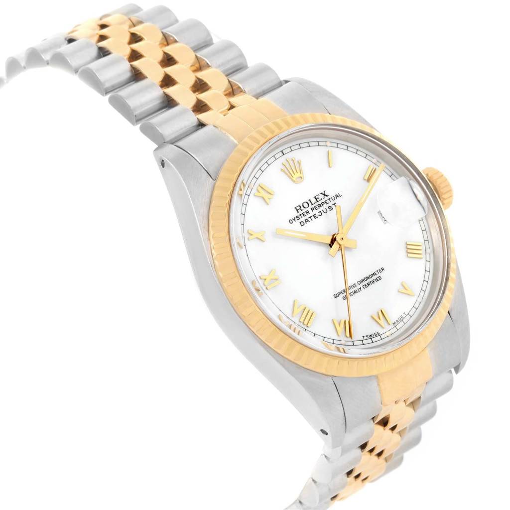 The image shows a close-up side angle of a Rolex Vintage Collection 16013 Men's Stainless Steel White Dial 16013 Men's Stainless Steel White Dial watch, highlighting the dial, bezel, and two-tone bracelet.