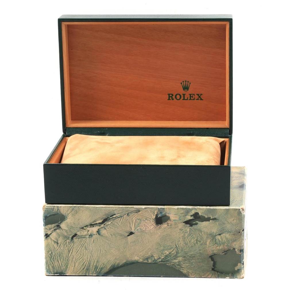 This image shows an open Rolex Vintage Collection 16013 Men's Stainless Steel White Dial 16013 Men's Stainless Steel White Dial watch box with a padded interior.