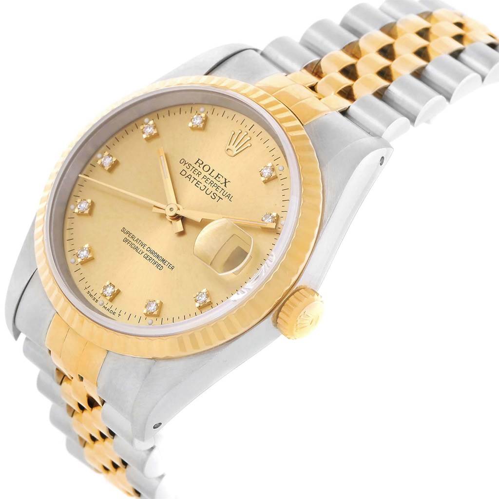 This image shows a close-up angle of a Rolex Vintage Collection 16013 Men's Stainless Steel Champagne Dial 16013 Men's Stainless Steel Champagne Dial Oyster Perpetual Datejust watch, highlighting the dial, crown, and two-tone bracelet.