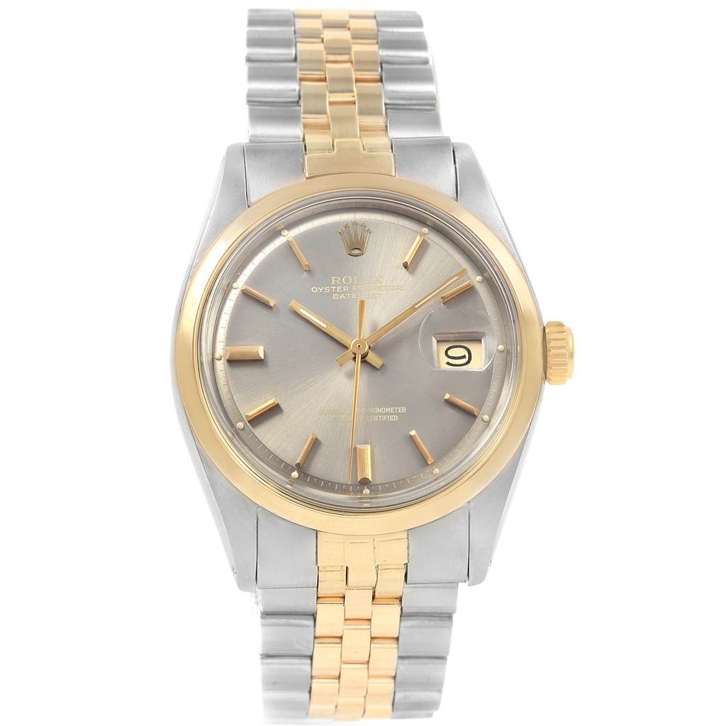 The Rolex Vintage Collection 1601 Men
s Steel and Gold (two tone) Grey Dial 1601 Men
s Steel and Gold (two tone) Grey Dial watch is shown from the front, displaying the face, bezel, and two-tone metal bracelet.