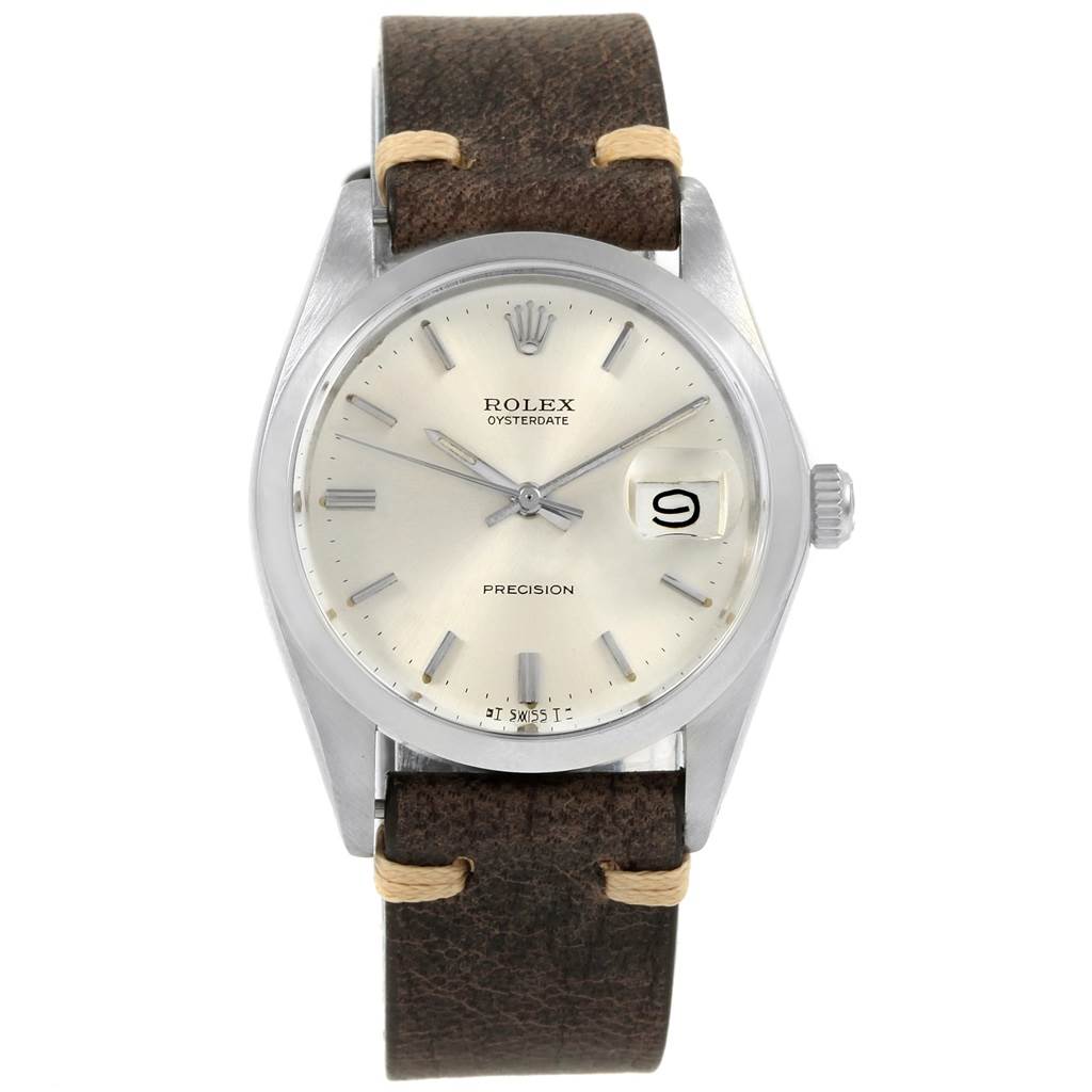 The Rolex Vintage Collection 6694 Men
s Stainless Steel Silver Dial 6694 Men
s Stainless Steel Silver Dial model is shown from a front angle, displaying the dial, hands, crown, and leather strap.