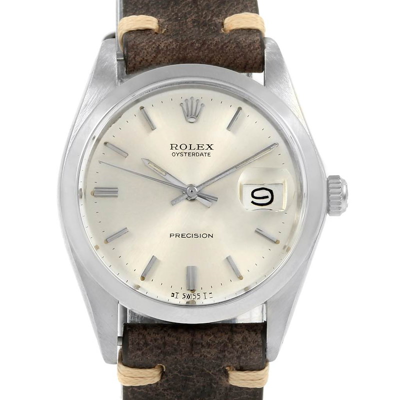 Rolex OysterDate Precision Brown Strap Steel Vintage Mens Watch 6694 SwissWatchExpo
