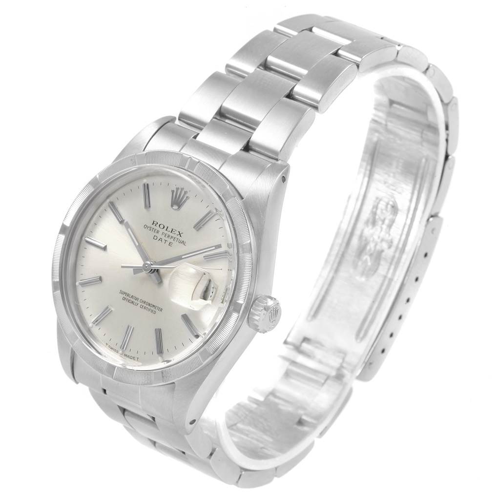 The photo shows a Vintage Collection Rolex Oyster Perpetual Datejust watch from an angled front view, highlighting its face and stainless steel band.