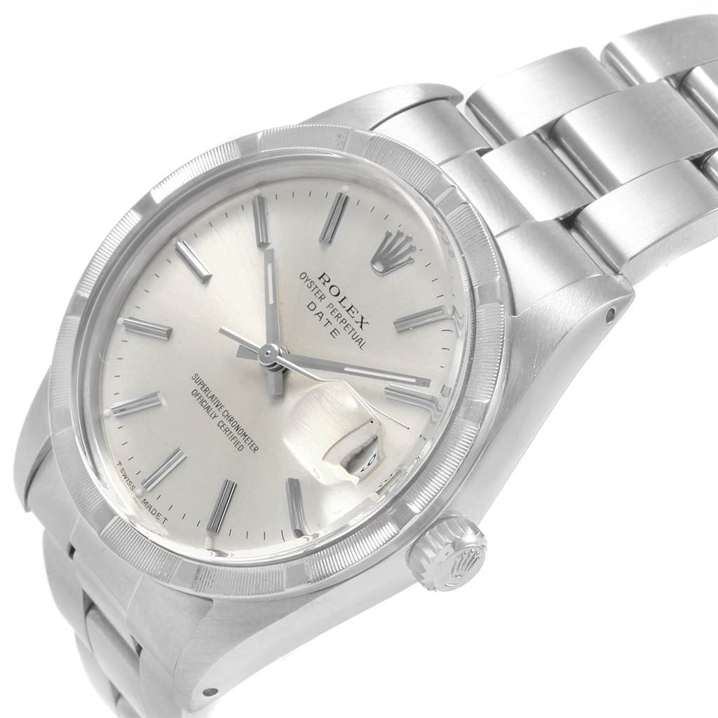The image shows a stainless steel Rolex Vintage Collection 15010 Men's Stainless Steel Silver Dial 15010 Men's Stainless Steel Silver Dial model watch at an angled view, highlighting the face, hands, and bracelet.