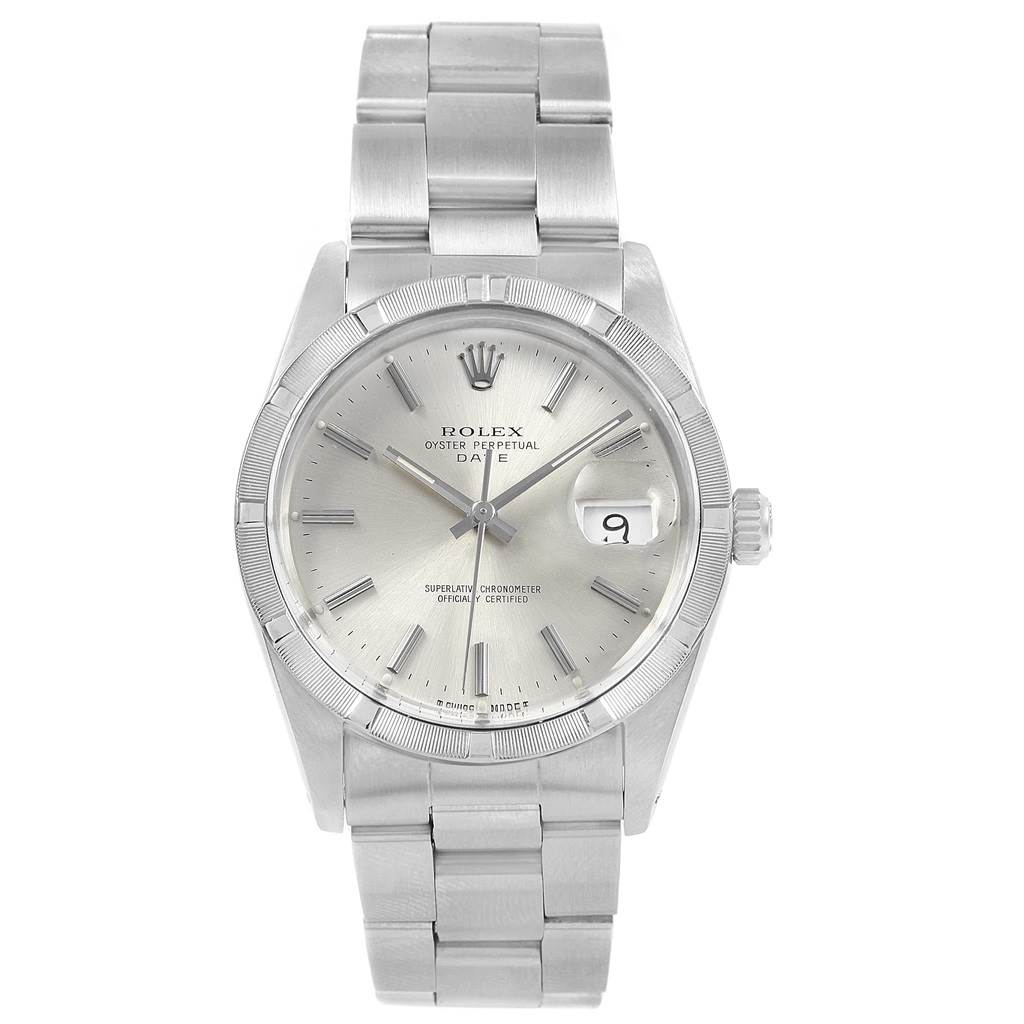 The image shows a front view of the Rolex Vintage Collection 15010 Men's Stainless Steel Silver Dial 15010 Men's Stainless Steel Silver Dial model, highlighting its dial, hands, crown, and bracelet.