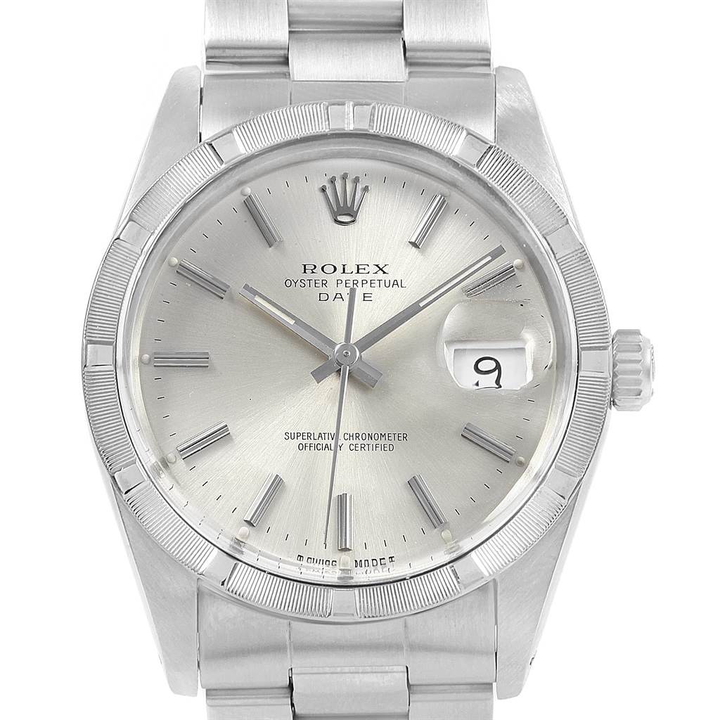 The image shows a front view of the Rolex Vintage Collection 15010 Men's Stainless Steel Silver Dial 15010 Men's Stainless Steel Silver Dial Oyster Perpetual Date watch, displaying the dial, crown, and bracelet.
