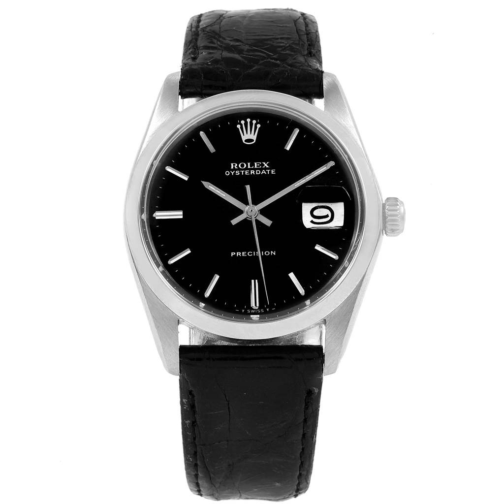 The image shows a front view of a Rolex Vintage Collection 6694 Men
s Stainless Steel Black Dial 6694 Men
s Stainless Steel Black Dial Oysterdate watch, highlighting the black dial, date window, and black leather strap.