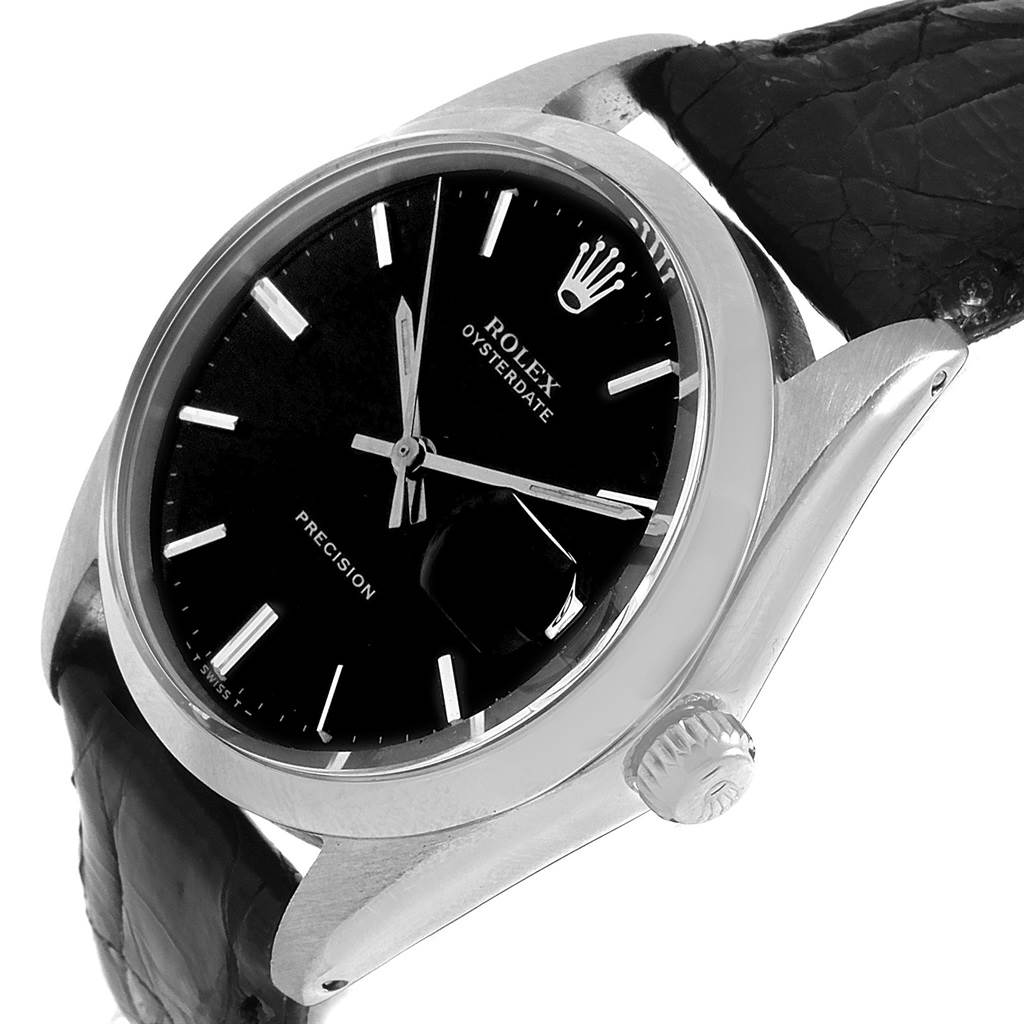 This image shows a close-up angled view of the Rolex Vintage Collection 6694 Men
s Stainless Steel Black Dial 6694 Men
s Stainless Steel Black Dial watch, highlighting the face, crown, and part of the strap.