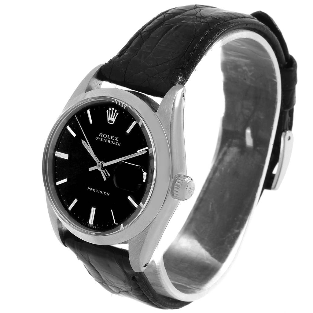 The Rolex Vintage Collection 6694 Men
s Stainless Steel Black Dial 6694 Men
s Stainless Steel Black Dial watch is shown at a slight angle, highlighting the black dial, crown, and leather strap.