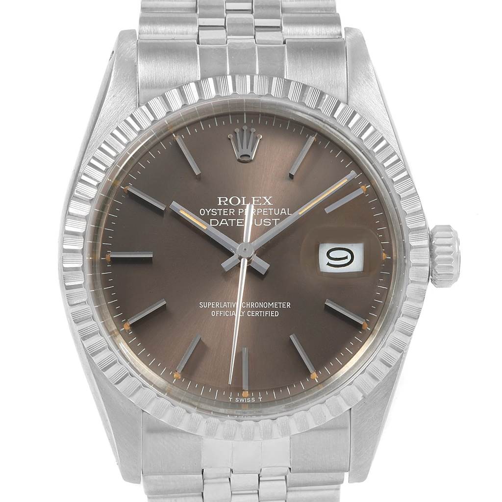 The image shows a front view of the Rolex Vintage Collection 16030 Men's Stainless Steel Brown Dial 16030 Men's Stainless Steel Brown Dial Datejust watch, highlighting its dial, bezel, hands, and date window.