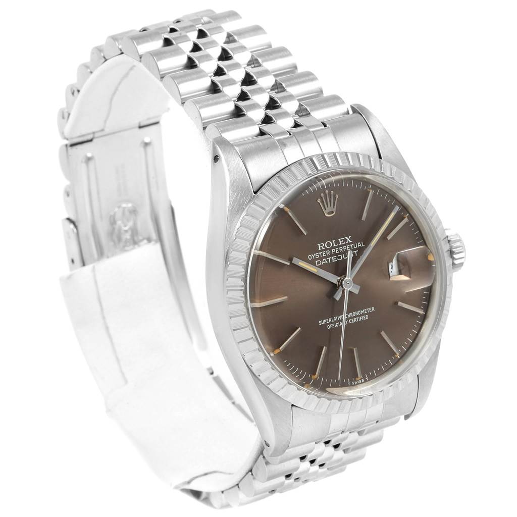 The Rolex Vintage Collection 16030 Men's Stainless Steel Brown Dial 16030 Men's Stainless Steel Brown Dial watch is shown at a slight angle, highlighting the dial, bezel, and a part of the bracelet.