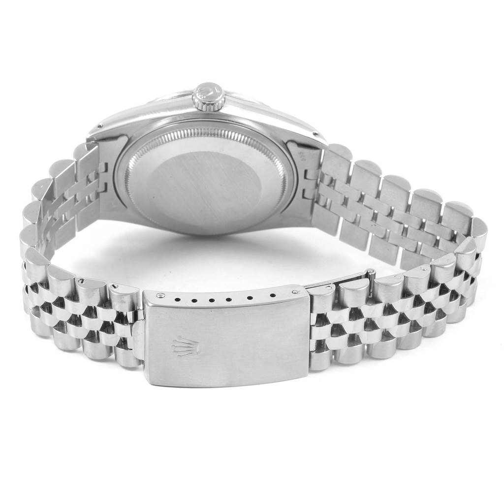 The image shows the back view of a Rolex Vintage Collection 16030 Men's Stainless Steel Brown Dial 16030 Men's Stainless Steel Brown Dial watch, including its case back, crown, and metal bracelet with clasp.