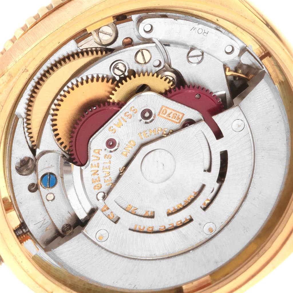 The image shows the internal mechanism of a Rolex Vintage Collection 1625 Men's Yellow Gold Champagne Dial 1625 Men's Yellow Gold Champagne Dial model watch, taken from a rear angle.
