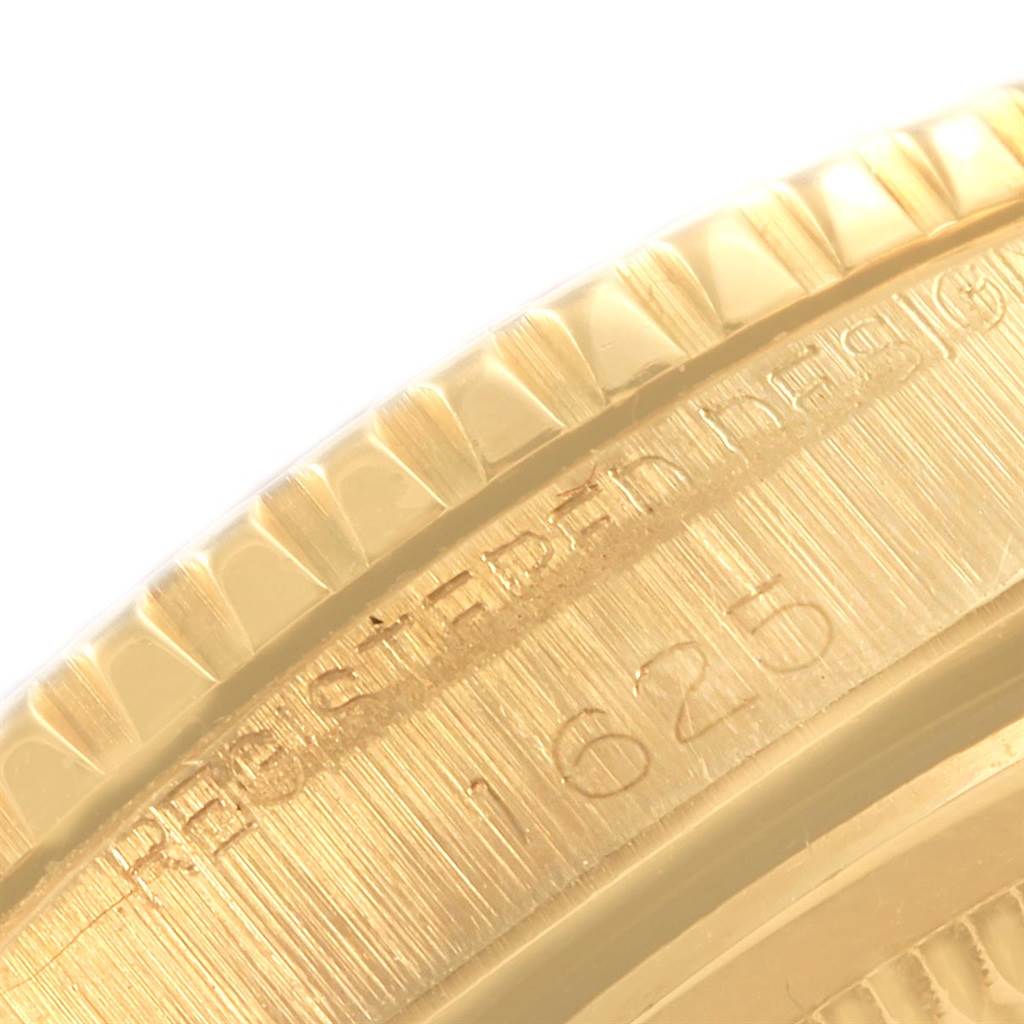 The image shows a close-up angle of the engraved case back of a Rolex Vintage Collection 1625 Men's Yellow Gold Champagne Dial 1625 Men's Yellow Gold Champagne Dial model, highlighting the model number "1625."