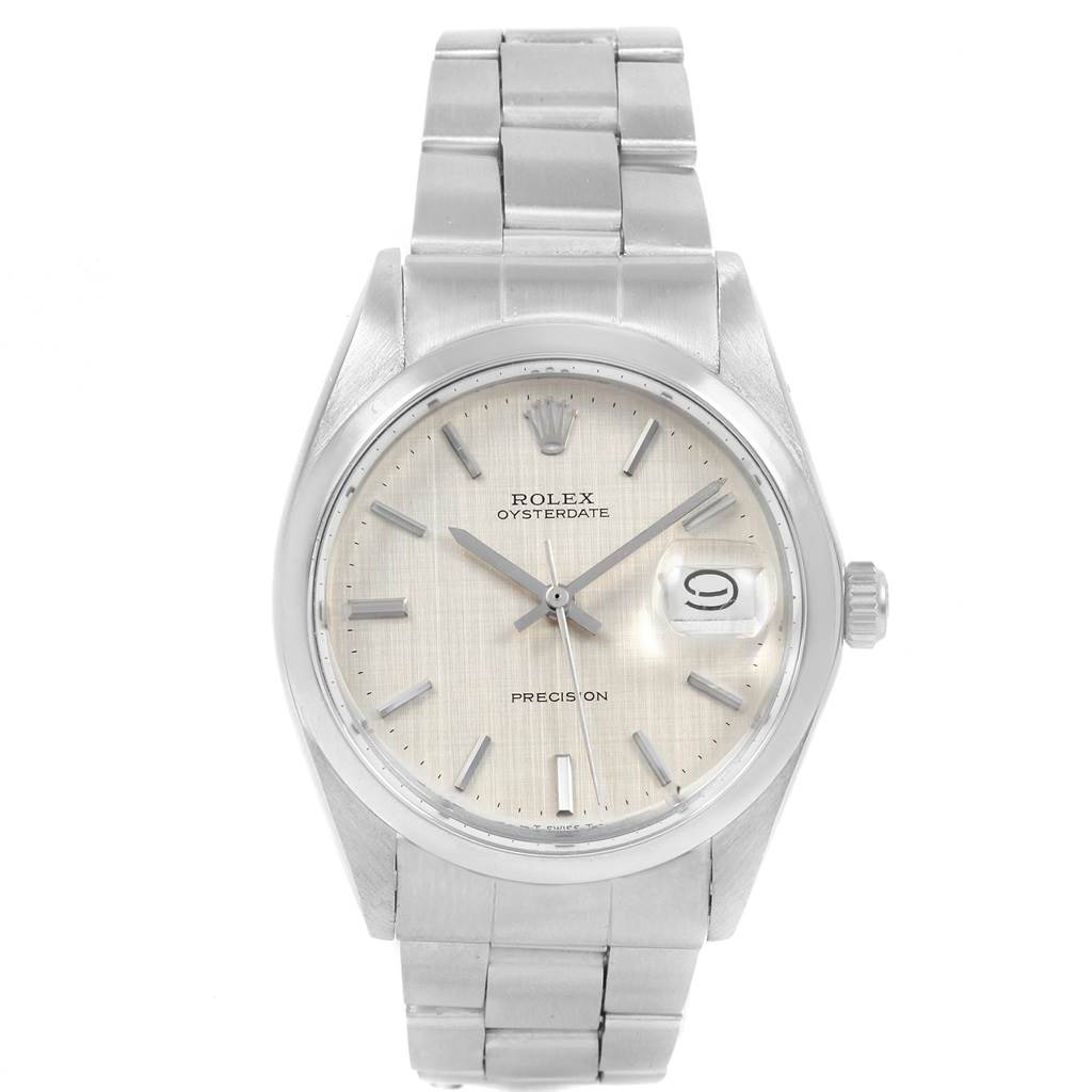 The image shows a front view of the Rolex Oysterdate Precision watch from the Vintage Collection, highlighting the dial and bracelet.