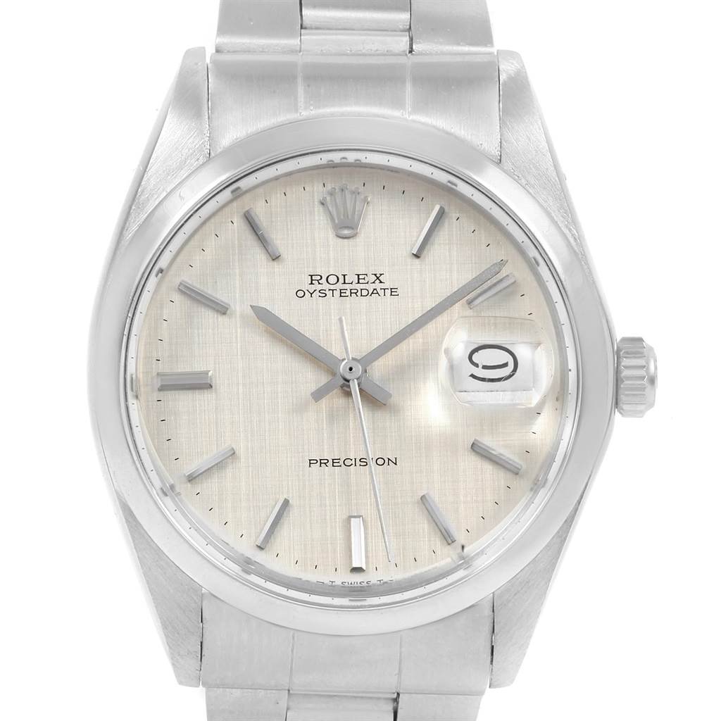 The image shows a front view of a Rolex Vintage Collection 6694 Men
s Stainless Steel Silver Dial 6694 Men
s Stainless Steel Silver Dial Oysterdate Precision watch, highlighting the dial, hands, and date window.