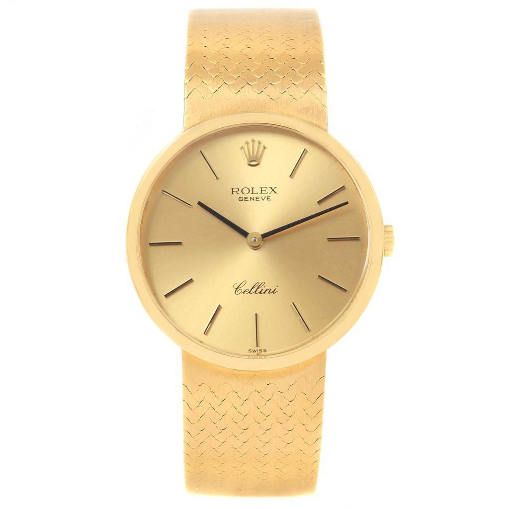 The image shows a front view of the Rolex Vintage Collection 4309 Men
s Yellow Gold Champagne Dial 4309 Men
s Yellow Gold Champagne Dial Cellini watch, featuring its gold dial and matching strap.