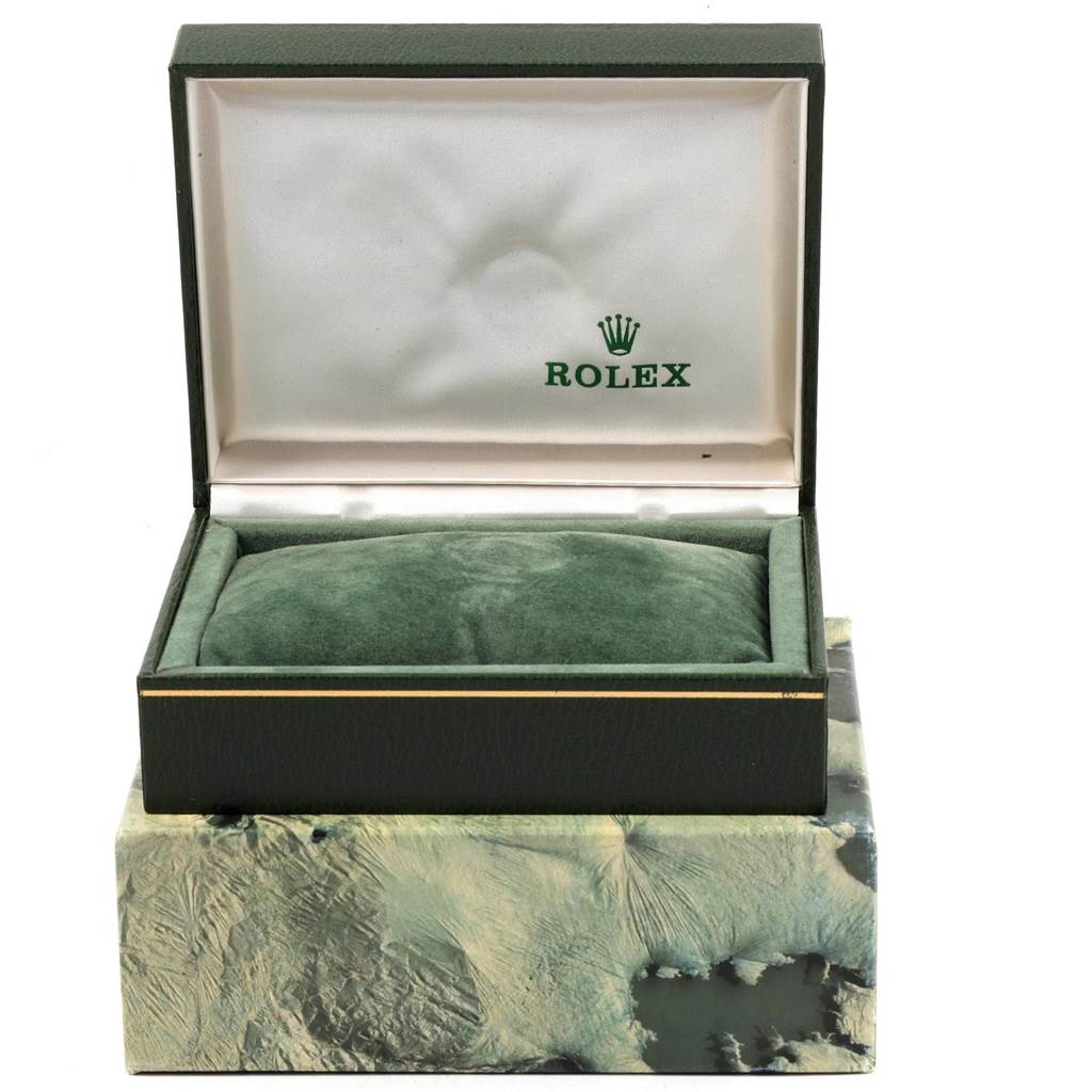 The image shows an open Rolex Vintage Collection 1500 Men
s Stainless Steel Silver Dial 1500 Men
s Stainless Steel Silver Dial watch box, highlighting the interior cushion and branding.