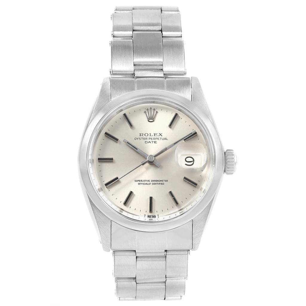 This is a front view of the Vintage Collection Rolex Oyster Perpetual Date watch, showing the dial, bezel, crown, and bracelet.