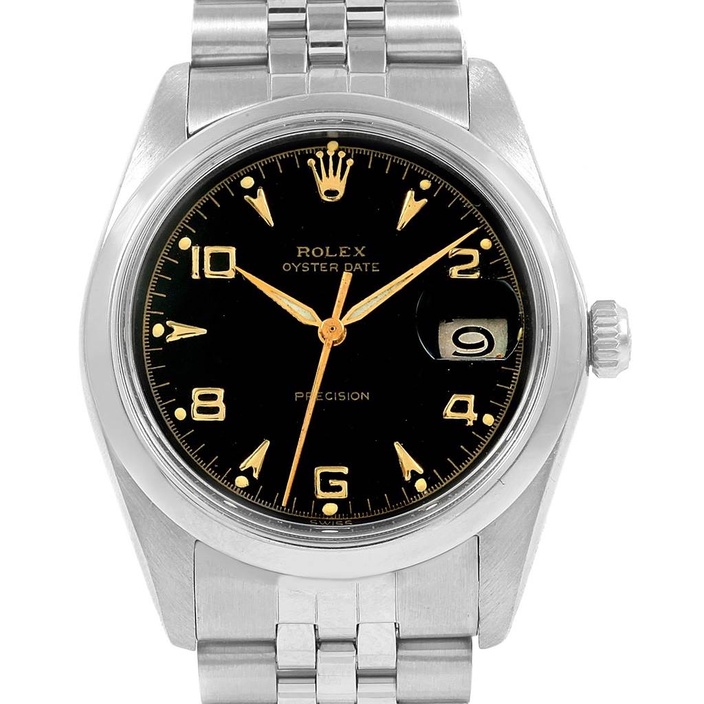 This is a front view of the Rolex Oysterdate Precision Vintage Collection watch, showing the dial, bezel, and part of the bracelet.